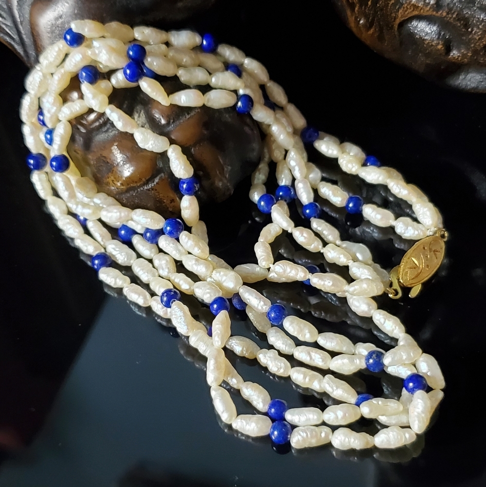 Vintage 3 strand cultured freshwater rice pearl and lapis lazuli bead necklace